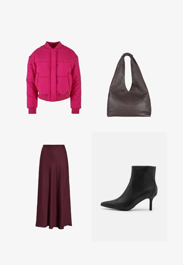 Jasnoróżowa krótka kurtka puchowa z okrągłym dekoltem, ściągaczami przy rękawach oraz zapięciem z przodu. Posiada pikowane panele i gładką fakturę.; Biała koszulka z krótkim rękawem wykonana z bawełny, z okrągłym dekoltem i luźnym krojem. Gładka tekstura, bez widocznych wzorów czy ozdób.; Burgundowa satynowa spódnica maxi o gładkiej teksturze, wysoka talia i zwiewny krój, który delikatnie rozszerza się ku dołowi.; Anna Field - Botki do kostki; Brązowa skórzana torba o luźnym, oversize'owym kroju. Posiada pętle do noszenia oraz głębokie V-kształtne otwarcie dla łatwego dostępu. Miękka tekstura, minimalistyczny styl.