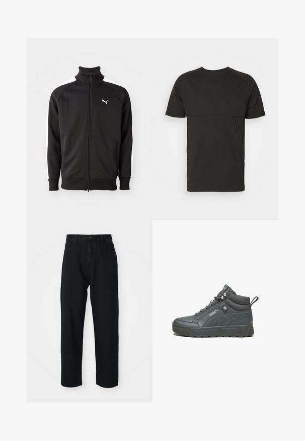 Sort zip-jakke lavet af glat stof, med hvide sidestriber og høj krave, samt et lille hvidt Puma-logo på brystet.; Sort kortærmet t-shirt lavet af blød stof, med en horisontal brystlomme med lynlås og sidesplitter i kanten for øget komfort.; Sorte denim bukser med lige ben. Med klassisk fem-lomme design, knaplukning og subtil stofstruktur.; Høje sneakers i gråt læder med tekstureret overflade, polstret krave og gummisål. Har logo og syede detaljer på siderne.
