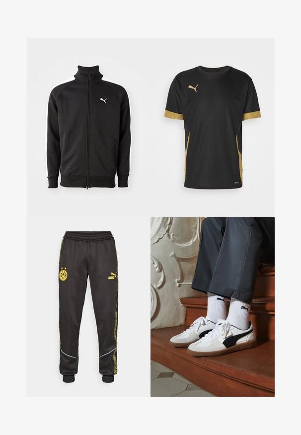 Black zip-up jacket made of smooth fabric, featuring white side stripes and a high collar, with a small white Puma logo on the chest.; Black athletic T-shirt with gold accents on sleeves and side. Features a round neck, short sleeves, and moisture-wicking DRYCELL fabric.; Black athletic pants with yellow Borussia Dortmund BVB 09 and Puma King logos, elastic waistband, and patterned yellow side stripes.; Puma sneakers in white and black suede, featuring a brown rubber sole. Paired with white socks displaying a black logo, worn with dark pants.