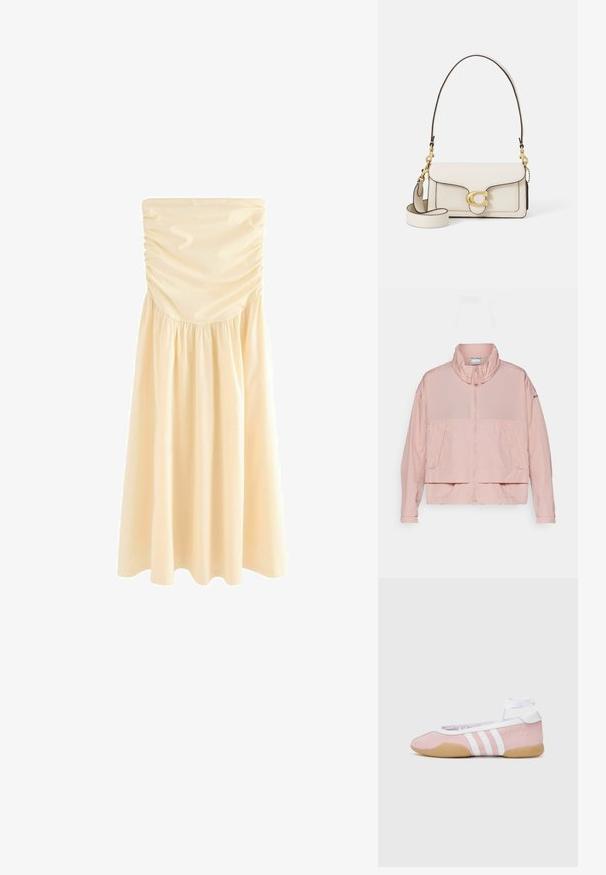 Columbia PARACUTIE™ - Veste coupe-vent - eraser pink; Robe midi sans bretelles en beige clair, avec des fronces au niveau de la poitrine et une jupe froncée pour plus de fluidité. Tissu lisse et léger.; adidas Originals TAEKWONDO MEI BALLET - Baskets basses - clear pink/ftwr white/gum; Sac en cuir crème avec un design structuré, bords noirs contrastants, quincaillerie dorée et une bandoulière détachable ornée d'un logo signature.