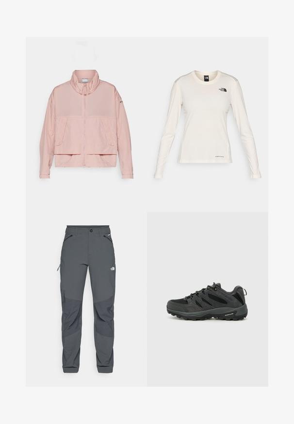 Columbia PARACUTIE™ - Széldzseki - eraser pink; The North Face SHADOW LONG SLEEVE - Hosszú ujjú felső - white dune; Sötétszürke kültéri nadrág megerősített térdrésszel, cipzáras oldalsó és elülső zsebekkel, gombos záródással és A North Face logóval a combján.; Columbia REDMOND - Túracipők - black/citron haze