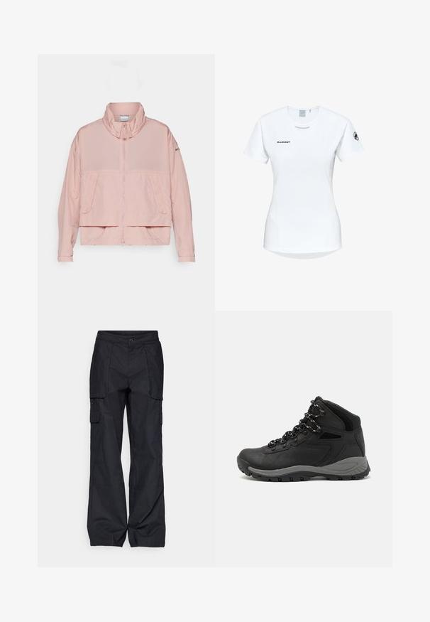 Columbia PARACUTIE™ - Windjack - eraser pink; Korte mouwen witte sportshirt met een ronde halslijn, voorzien van een logo op de borst en een gladde, lichte stoftextuur.; Columbia BREA FALLS™ COTTON RIPSTOP PANT - Outdoorbroeken - black; Zwarte wandelschoen met een mid-top ontwerp, voorzien van een gestructureerde bovenkant, grijze accenten en een duurzame rubberen zool met gripnoppen.