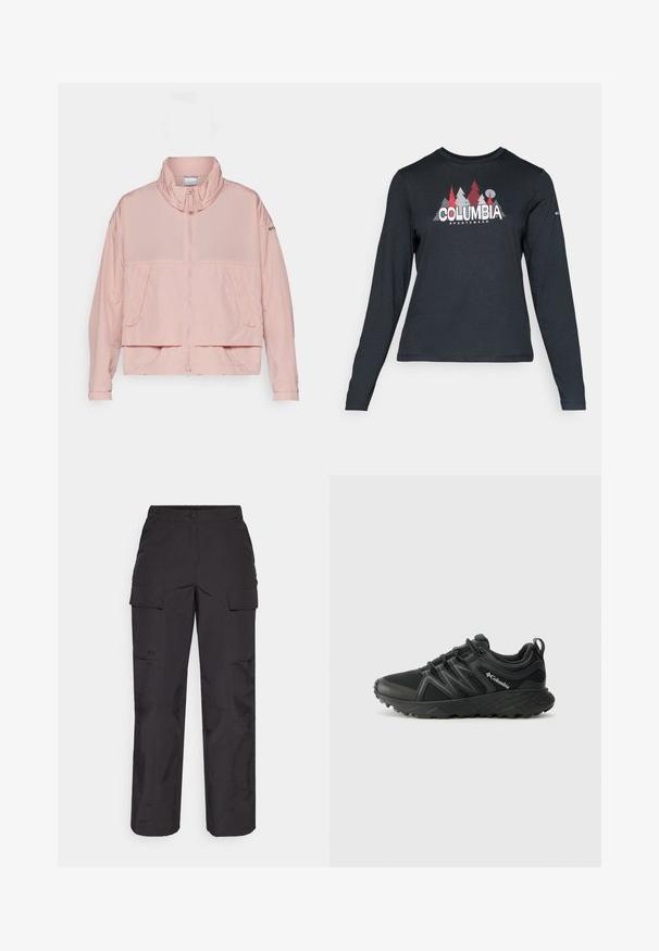 Columbia PARACUTIE™ - Tuulitakki - eraser pink; Tummanharmaa pitkähihaisen paidan graafinen kuva punaisista puista ja vuorista; "COLUMBIA" -logo lihavoituna valkoisella tekstillä. Pehmeä kangas, normaali pyöreä kaula-aukko.; Mustat cargo-housut, jotka on valmistettu kestävästä kankaasta, sisältävät useita sivutaskuja, napin sulkemisen ja löysän istuvuuden suorin lahkeineen.; Columbia PEAKFREAK - Vaelluskengät - black