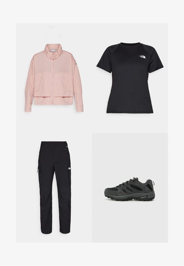 Columbia PARACUTIE™ - Vindjakke - eraser pink; Sort svart treningst-skjorte med korte ermer og rund hals, med The North Face-logoen på øvre venstre bryst.; Svarte utendørsbukser med vanlig passform, laget av lett materiale. Funksjoner inkluderer glidelåser, lommer og forsterkede knær for holdbarhet.; Columbia REDMOND - Fjellsko - black/citron haze