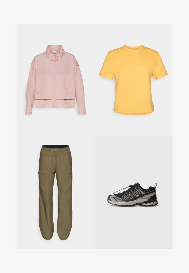 Columbia PARACUTIE™ - Windbreaker - eraser pink; Yellow short-sleeve T-shirt with a round neckline, made of soft fabric. Features a subtle logo at the chest and a straight hem.; Lightweight olive green cargo pants with elastic waistband and orange drawstring; features zippered side pockets and stitched accents.; Black and gray athletic shoe with mesh upper, rubber sole, and elastic lace system. Features a reinforced toe and textured accents.