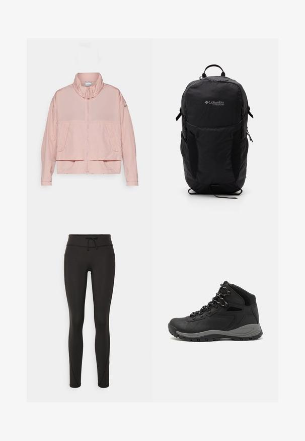 Columbia PARACUTIE™ - Jachetă de vânt - eraser pink; Tricou negru Columbia cu artă liniară albă circulară reprezentând munți și un râu, împreună cu textul "Columbia Sportswear Company Afară din 1938."; Leggings negre cu talie înaltă, șnur, textură netedă și design ajustat. Prezintă detalii de cusături de-a lungul laturilor.; Botă de drumeție neagră cu un design mediu, având un material texturat, accente gri și o talpă din cauciuc durabilă cu crampoane pentru aderență.; Rucsac Columbia Titanium negru, cu o textură de material neted, buzunare laterale, mânere superioare și curele ajustabile. Design minimalist cu o branding subtil.