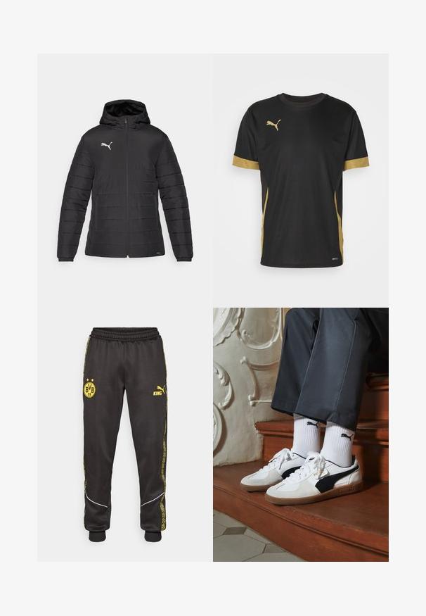 Čierna zateplená bunda s kapucňou, so horizontálnym prešívaním a predným zipsom. Strieborné logo na ľavej hrudi, vrátane elastických manžiet.; Čierne športové tričko s zlatými akcentmi na rukávoch a boku. Obsahuje okrúhly výstrih, krátke rukávy a vlhkosť odvádzajúcu tkaninu DRYCELL.; Čierne atletické nohavice s žltými logami Borussia Dortmund BVB 09 a Puma King, elastický pás a žlté pruhy so vzorom po stranách.; Tenisky Puma v bielej a čiernej z semišu, s hnedou gumovou podrážkou. Kombinované s bielymi ponožkami s čiernym logom, nosené s tmavými nohavicami.