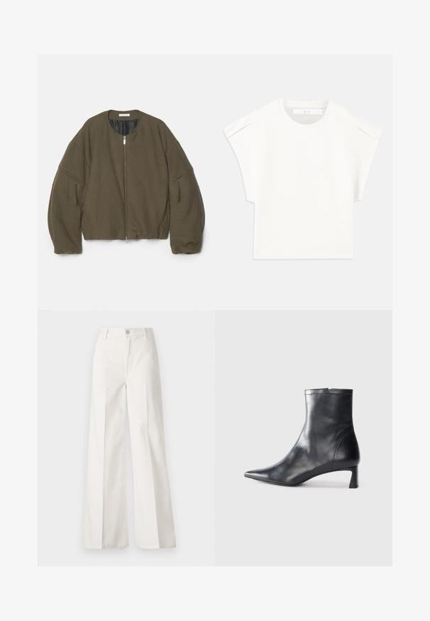 Chaqueta bomber recortada en verde oliva con cuello redondo, cremallera frontal completa y dos bolsillos laterales con cremallera. Fabricada con una tela suave y texturizada.; Camiseta blanca de corte cuadrado con mangas cortas. Fabricada con un tejido suave, presenta un escote redondo y sutiles acentos en los hombros. Diseño sencillo.; Pantalones de pierna ancha blancos hechos de algodón con una textura suave. Cuenta con un botón delantero, cremallera y un diseño de cuatro bolsillos.; Botín de cuero negro hasta el tobillo con punta afilada y un diseño elegante. Presenta un tacón bajo y un cierre con cremallera en la parte trasera. Textura suave.