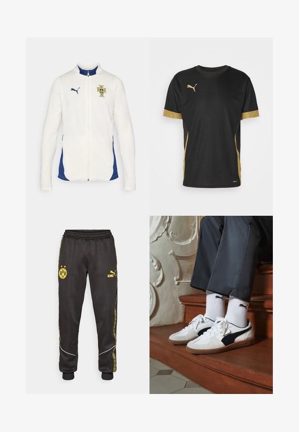 Valkoinen urheilu takki sinisin yksityiskohdin, täysivipa, korkea kaulus, jossa on keltainen ja sininen Portugalin vaakuna ja Puma-logo rinnassa.; Musta urheilupaita, jossa on kultaiset yksityiskohdat hihoissa ja sivuilla. Omistaa pyöreän kauluksen, lyhyet hihat ja kosteuskuivaavaa DRYCELL-kangasta.; Mustat urheiluhousut, joissa on keltaiset Borussia Dortmund BVB 09 - ja Puma King -logot, joustava vyötärö ja kuvioidut keltaiset sivuraidat.; Puma-tenniset valkoisesta ja mustasta mokasta, joissa on ruskea kumipohja. Yhdistetty valkoisten sukkien kanssa, joissa on musta logo, tummien housujen kanssa.