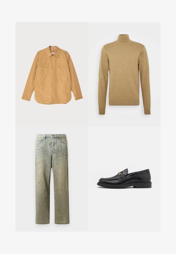 Chaqueta ligera en tono beige con cierre de botones en la parte delantera, dos bolsillos en el pecho y un dobladillo recto. Fabricada con un tejido suave que tiene un ligero brillo.; Suéter beige de cuello alto realizado en suave tejido de punto. Presenta mangas largas y un diseño ajustado. Detalles de ribete en el dobladillo y el cuello.; Jeans de mezclilla desgastados en verde claro, con corte recto, diseño de cinco bolsillos y decoloración desigual con manchas de pintura.; Mocasines de cuero negro con punta redondeada, que cuentan con un detalle de herrajes dorados y costuras, situados sobre una suela de goma texturizada y baja.