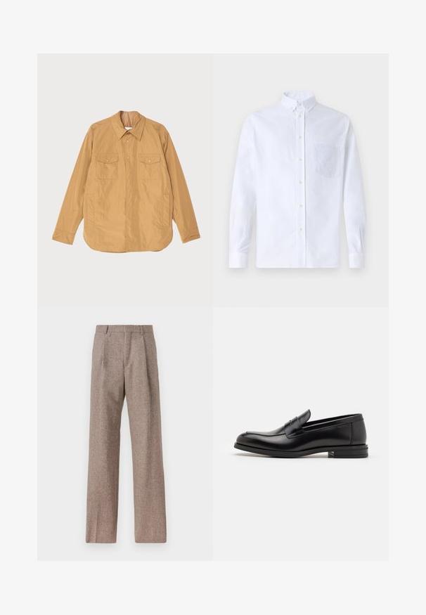 Hnedá ľahká bunda s gombíkmi, dvoma náprsné vreckami a rovného zakončení. Vyrobená z hladkej látky s jemným leskom.; Biely dlhý rukáv košeľa s gombíkmi vyrobená z bavlny, s náprsného vrecka s tonálnou výšivkou, golierom a gombíkovými manžetami.; Hnedé, vysoké nohavice vyrobené z texturovanej látky. Majú široké nohavice a dva predné záhyby pre štruktúru. Úhľadné spracovanie bez viditeľného kovania.; Čierne kožené mokasíny s hladkou textúrou, zaoblenou špičkou a dekoračným pásikom cez priehlavok. Nízky vrstvený opätok, minimalistický dizajn.