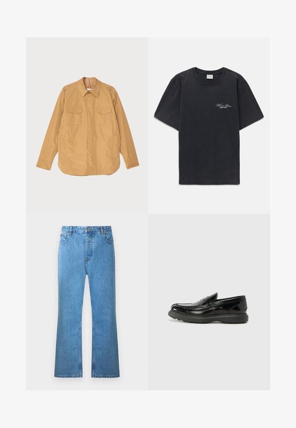 Veste légère beige avec un devant à boutons, deux poches poitrine et un ourlet droit. Fabriquée en tissu lisse avec un léger éclat.; T-shirt noir à manches courtes et col rond avec un petit logo « Filling Pieces » en blanc sur la poitrine gauche.; Jean évasé en denim bleu clair avec une taille haute, cinq poches et un délavage subtil. Comprend des accents de couture et une fermeture à bouton.; Mocassin en cuir noir avec une finition brillante, bout arrondi, détails de couture subtils et semelle en caoutchouc épaisse pour la durabilité.