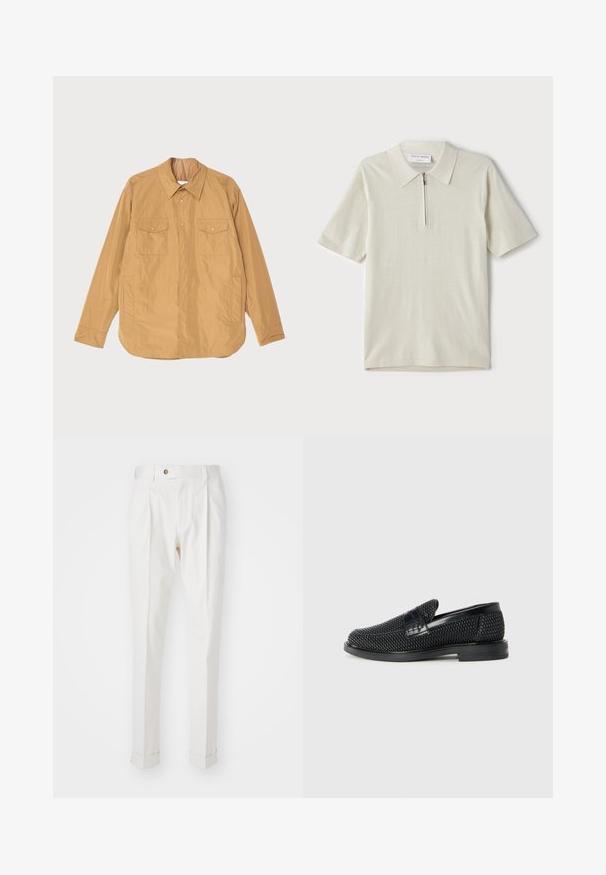 Beige, leichte Jacke mit Knopfverschluss, zwei Brusttaschen und geradem Saum. Hergestellt aus glattem Stoff mit einem dezenten Glanz.; Kurzärmliges Poloshirt in hellbeige mit Reißverschlusskragen. Hergestellt aus glattem Stoff, bietet es ein einfaches, modernes Design ohne Muster.; Weiße, maßgeschneiderte Hosen mit flachem Bund, zwei Falten und umgeschlagenen Säumen. Hergestellt aus einem glatten Stoff mit einem Knopfverschluss an der Taille.; Schwarzer geflochtener Slipper mit einem glatten Lederakzent im Obermaterial, einem runden Zehendesign und einer flachen Gummisohle.