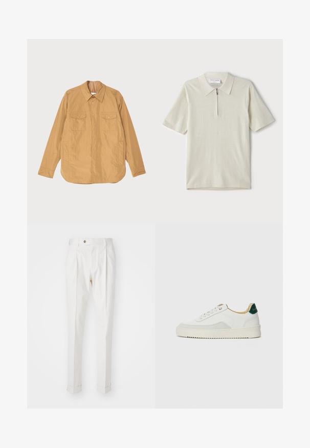 Jachetă ușoară de culoare bej, cu închidere prin nasturi, două buzunare pe piept și tiv drept. Fabricată dintr-un material neted cu un luciu subtil.; Tricou polo cu mânecă scurtă, de culoare bej deschis, cu guler cu fermoar. Confecționat dintr-un material fin, are un design simplu și modern, fără modele.; Pantaloni albi, croiți pe măsură, cu un front plat, două plii și manșete rulate. Realizați dintr-un material neted, cu închidere cu nasture la talie.; Sneaker alb cu accente din suede, vârf rotund, șireturi plate și o talpă din cauciuc crem. Are un logo verde pe călcâie.