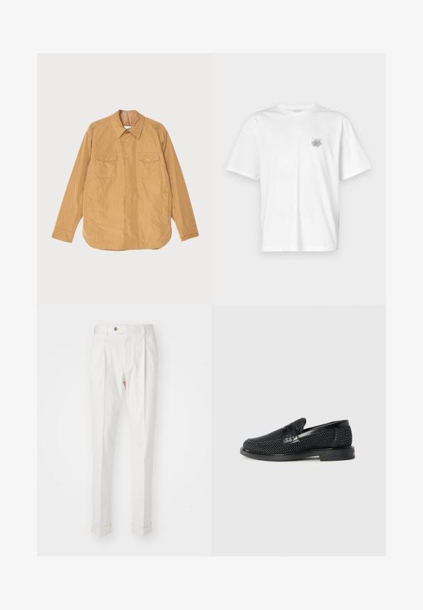 Vaaleanruskea kevyt takki, jossa on nappikiinnitys edessä, kaksi rintataskua ja suora helma. Valmistettu sileästä kankaasta, jossa on hieno kiilto.; Valkoinen puuvillapaita, jossa on lyhyet hihat, pyöreä kaula-aukko ja pieni harmaa logo vasemmassa rintataskussa. Täydellinen sileä rakenne.; Valkoiset, muotoillut housut, joissa on tasainen etuosa, kaksi taitetta ja käärityt lahkeet. Valmistettu sileästä kankaasta, jossa on nappisuljenta vyötäröllä.; Musta kudottu liukupohjallinen kenka, jossa on sileä nahkakorostus päällisessä, pyöreä kärki ja matala kumipohja.