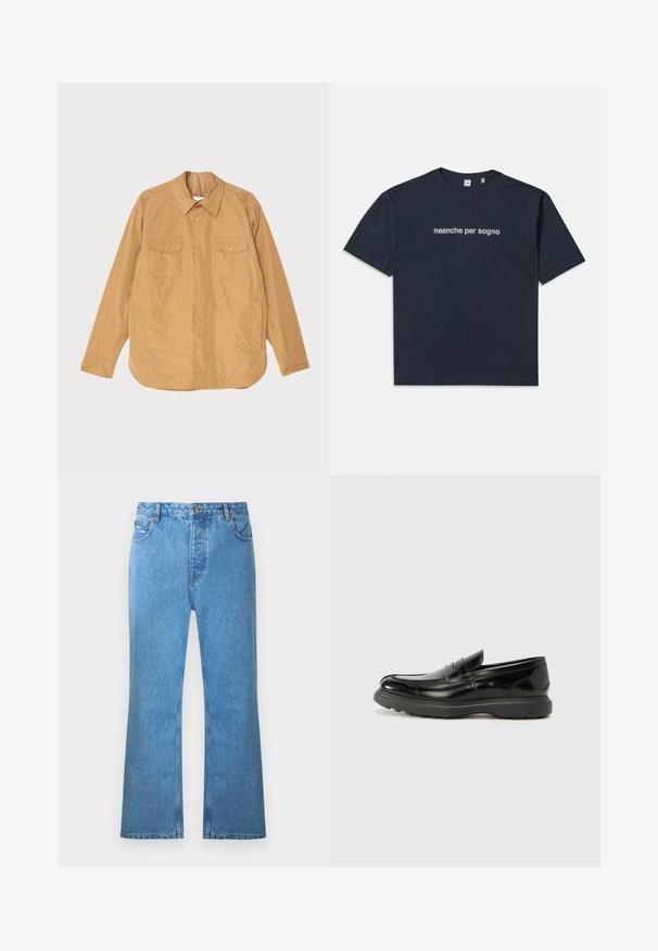 Veste légère beige avec un devant à boutons, deux poches poitrine et un ourlet droit. Fabriquée en tissu lisse avec un léger éclat.; T-shirt à manches courtes bleu marine avec le texte blanc "neanche per sogno" centré sur la poitrine, col rond, taille moyenne.; Jean évasé en denim bleu clair avec une taille haute, cinq poches et un délavage subtil. Comprend des accents de couture et une fermeture à bouton.; Mocassin en cuir noir avec une finition brillante, bout arrondi, détails de couture subtils et semelle en caoutchouc épaisse pour la durabilité.