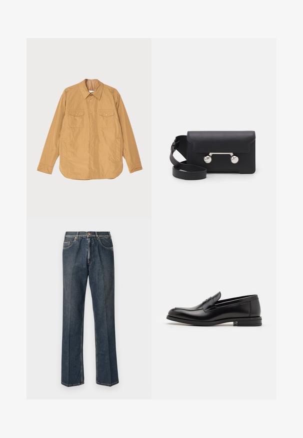 Lys tan letvægtsjakke med knaplukning fortil, to brystlommer og lige kant. Lavet af glat stof med en subtil glans.; Mørkeblå T-shirt med korte ærmer og hvid tekst "neanche per sogno" centreret på brystet, rund hals, medium størrelse.; Mørkeblå lige ben denim jeans med frontknap, lynlås, dobbelte forlommer og synlige lodrette folder ned langs benene.; Sorte læderloafers med en glat overflade, rund tå og en dekorativ strop over vampen. Lav hæl med stabeldesign, minimalistisk stil.; Sort læder crossover taske med klaplukning, sølvfarvet hardware og to runde accenter. Har en aftagelig rem. Glat tekstur.