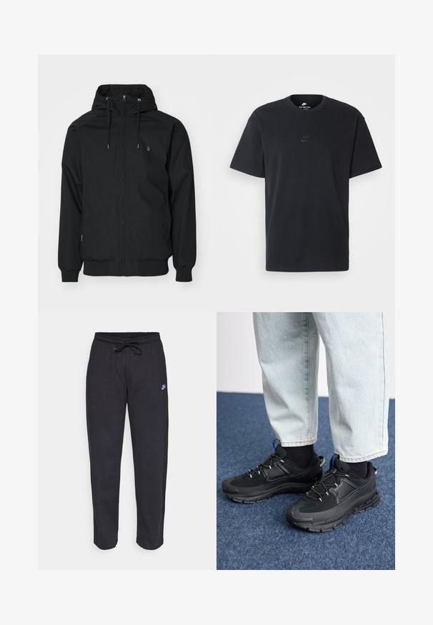 Musta hupullinen takki, jossa on vetoketju edessä, elastiset hihansuut ja ribattu helma. Vasemmassa rinnassa on pieni logo ja kangas on sileä.; Nike musta musta T-paita, jossa on klassinen pyöreä kaula-aukko, lyhyet etkä hihat sekä hillitty, kohopainettu logo rinnassa. Silkkinen rakenne.; Mustat verkkareita pehmeästä kankaasta, jossa on joustava vyötärö, nyöri ja pieni Nike-logo vasemmassa reidessä.; Mustat urheilukengät, joissa on teksturoitu kangas ja kumipohjat, elastiset nauhat ja sininen yksityiskohta kannassa. Yhdistetty vaaleisiin farkkuihin.