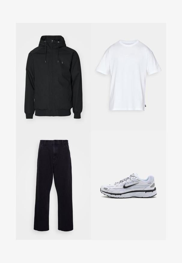 Black hooded jacket with a zip front, elastic cuffs, and a ribbed hem. Features a small logo on the left chest and a smooth fabric texture.; White cotton t-shirt with short sleeves and a round neck. Features a small, subtle Nike logo on the chest and a side label.; Black denim trousers with a straight leg design, featuring a button and zip closure, belt loops, and minimal stitching details.; White running shoe with mesh upper, rounded toe, black accents, and a patterned sole. Features lacing and branding on the side.