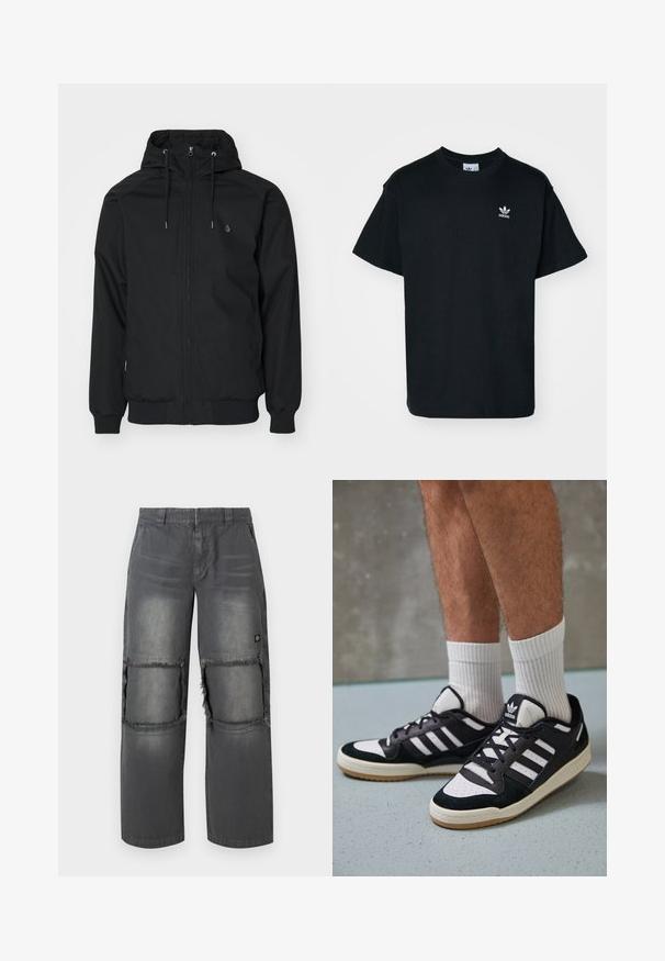 Veste noire à capuche avec fermeture éclair à l'avant, poignets élastiques et ourlet côtelé. Présente un petit logo sur la poitrine gauche et une texture de tissu lisse.; T-shirt en coton noir avec un col rond et des manches courtes, présentant un petit logo Adidas blanc sur la zone gauche de la poitrine.; Pantalons en denim gris avec une coupe décontractée, dotés de rapiéçages en bas des genoux effilochés, de surpiqûres contrastantes et d'un petit logo sur le côté.; Baskets noir et blanc avec une tige en suède et cuir, comportant trois rayures blanches, un bout perforé et une semelle en caoutchouc gum.