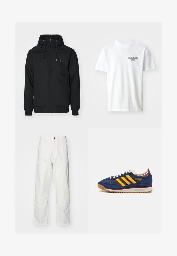 Črna kapuca jakna z zadrgo spredaj, elastičnimi manšetami in rebrastim robom. Ima majhen logotip na levem prsnem delu in gladko teksturo tkanine.; Bela bombažna majica s krojem okroglega izreza. Značilnost je majhen modri tekstovni logotip "CARHARTT WIP" na levi strani prsnega predela. Klasičen kroj, kratke rokave.; Bela bombažna cargo hlače z udobnim krojem. Značilnosti vključujejo sprednje žepe, zlato poudarjeno kovinsko opremo in ojačane kolenske dele.; Mornarsko modre suede teniske z rumenimi črtami, belimi vezalkami in burgundskimi poudarki. Teksturna podplat z utori za oprijem. Logotip blagovne znamke na strani.