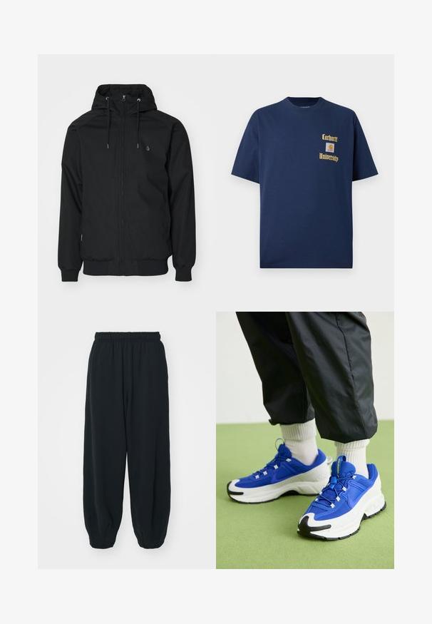 Zwarte capuchonjack met een ritssluiting aan de voorkant, elastische manchetten en een geribbelde onderrand. Bevat een klein logo op de linkerborst en een gladde stoftextuur.; Marineblauwe katoenen T-shirt met korte mouwen, voorzien van gouden tekst "Carhartt University" en een logo-label op de linkerborst.; Zwarte, elastiche sweatpants met een losse pasvorm, manchetten aan de enkels, een zachte textuur en zonder zichtbare patronen of hardwareaccenten.; Blauwe en witte sportschoenen met textielmateriaal, opvallende rubberen zool en zwarte accenten. Voorzien van veters en een dempende ontwerp.