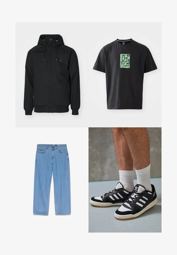 Veste noire à capuche avec fermeture éclair à l'avant, poignets élastiques et ourlet côtelé. Présente un petit logo sur la poitrine gauche et une texture de tissu lisse.; T-shirt noir en coton avec une illustration graphique verte comportant le mot "FLEUR". Manches courtes et col rond.; Jeans en denim bleu clair avec une coupe droite, dotés d'une poche avant, d'une ceinture avec passants et d'une fermeture à un seul bouton.; Baskets noir et blanc avec une tige en suède et cuir, comportant trois rayures blanches, un bout perforé et une semelle en caoutchouc gum.