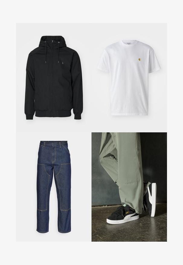 Chaqueta negra con capucha, con cremallera en la parte delantera, puños elásticos y dobladillo acanalado. Presenta un pequeño logotipo en el pecho izquierdo y una textura de tela suave.; Camiseta de algodón blanca con mangas cortas, cuello redondo, que presenta un pequeño logo dorado en la parte izquierda del pecho. Textura suave y corte regular.; Jeans de mezclilla azul oscuro con cintura alta, diseño de pierna recta, costuras contrastantes y bolsillos de parche en la parte delantera.; Zapatillas de ante negras con suelas de goma blancas y rayas laterales, combinadas con pantalones cargo verde claro, de pie sobre una superficie oscura texturizada.