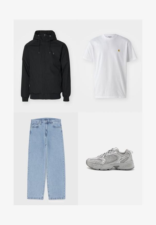 Juodas gobtuvas striukė su užtrauktuku priekyje, elastiniais rankogaliais ir riešo audiniu. Yra mažas logotipas kairiajame krūtinės šone ir lygus audinio paviršius.; Balta medvilnės marškinėliai su trumpomis rankovėmis, apvalia iškirpte, kuriuose kairėje krūtinės pusėje yra mažas auksinis logotipas. Minkšta tekstūra ir reguliari forma.; Šviesiai mėlyni džinsai su tiesiomis kojomis, turintys vidutinio aukščio juosmenį, penkias kišenes ir mygtuko bei užtrauktuko uždarymą.; Sidabriniai sportiniai bateliai su šiuolaikiniu dizainu, tinklelio panelėmis, paminkštinta liežuvėliu, tekstūruotu sintetiniu viršumi ir guminiais padu, užtikrinančiais sukibimą.