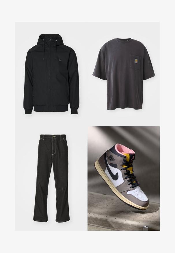 Veste noire à capuche avec fermeture éclair à l'avant, poignets élastiques et ourlet côtelé. Présente un petit logo sur la poitrine gauche et une texture de tissu lisse.; T-shirt en coton noir à manches courtes, col rond et poche sur la poitrine gauche avec un patch logo carré. Design simple et sans ornement.; Jean en denim noir avec une coupe ample, comportant des coutures blanches contrastantes, une fermeture à bouton et un design à jambes droites.; Sneaker Nike Air Jordan montante en blanc, gris et noir avec un intérieur rose et une languette jaune, posé sur une surface en béton.