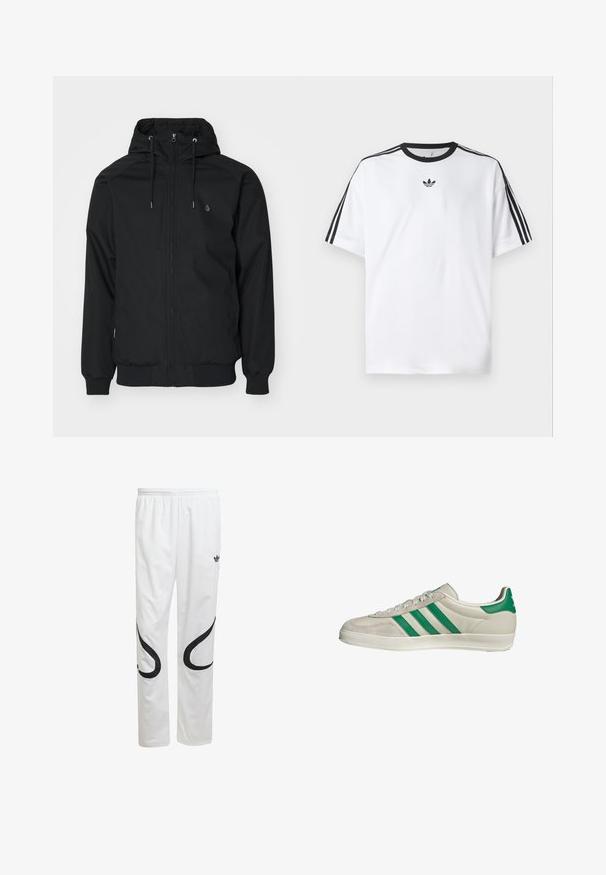 Zwarte capuchonjack met een ritssluiting aan de voorkant, elastische manchetten en een geribbelde onderrand. Bevat een klein logo op de linkerborst en een gladde stoftextuur.; Witte T-shirt van katoen, met een zwarte ronde halslijn en drie zwarte strepen op elke schouder. Klein zwart logo op de borst.; Witte sportbroeken met een gladde textuur, voorzien van zwarte gebogen ontwerpen aan de zijkanten en een zwart logo vlakbij de tailleband.; Beige sneaker met groene strepen, voorzien van een witte zool en een bovenkant van glad leer. Zijaanzicht dat de veters en het logo benadrukt.