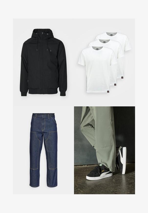Veste noire à capuche avec fermeture éclair à l'avant, poignets élastiques et ourlet côtelé. Présente un petit logo sur la poitrine gauche et une texture de tissu lisse.; Trois t-shirts en coton blanc uni à manches courtes. Chaque t-shirt présente un col rond et une petite étiquette de logo noire sur le côté gauche.; Jeans en denim bleu foncé avec une taille haute, une coupe droite, des coutures contrastantes et des poches appliquées à l'avant.; Baskets en daim noir avec des semelles en caoutchouc blanc et des rayures sur les côtés, associées à un pantalon cargo vert clair, posées sur une surface sombre texturée.