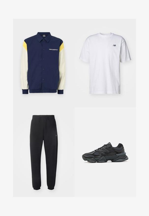 Tummansininen takki, jossa on keltaisia ja valkoisia yksityiskohtia, nappikiinnitys, pitkät hihat ja logo rinnassa. Ominaisuuksiin kuuluu sivutaskut.; Valkoinen lyhythihainen crew neck -t-paita, jossa vasemmassa rinnassa pieni musta New Balance -logo, taustalla yksinkertainen tausta.; Mustat collegehousut, jotka on valmistettu pehmeästä materiaalista, joustavalla vyötärönauhalla, narukiristimellä ja kavennetuilla lahkeilla, joissa on huomaamaton logo sivussa.; Musta juoksukenkä, jossa on yhdistelmä verkko- ja synteettisiä materiaaleja, paksu pohja, kaareva muotoilu ja näkyvä brändäys sivussa.