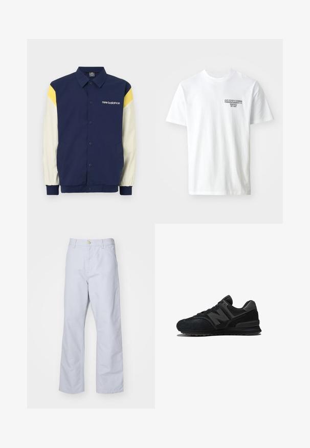 Donkerblauwe jas met gele en witte accenten, knoopsluiting, lange mouwen en een logo op de borst. Heeft zijzakken.; Witte katoenen t-shirt met een ronde halslijn. Voorzien van een klein blauw tekstlogo "CARHARTT WIP" op de linker borst. Classic fit, korte mouwen.; Lichtblauwe, rechte broek gemaakt van katoen. Voorzien van een voorzak, een ritssluiting en een enkele metalen knoop bij de tailleband.; Zwarte sneaker met een bovenwerk van suede en mesh, een dikke zool en een opvallend 'N'-logo op de zijkant. Heeft een gestructureerd ontwerp met veter sluiting.