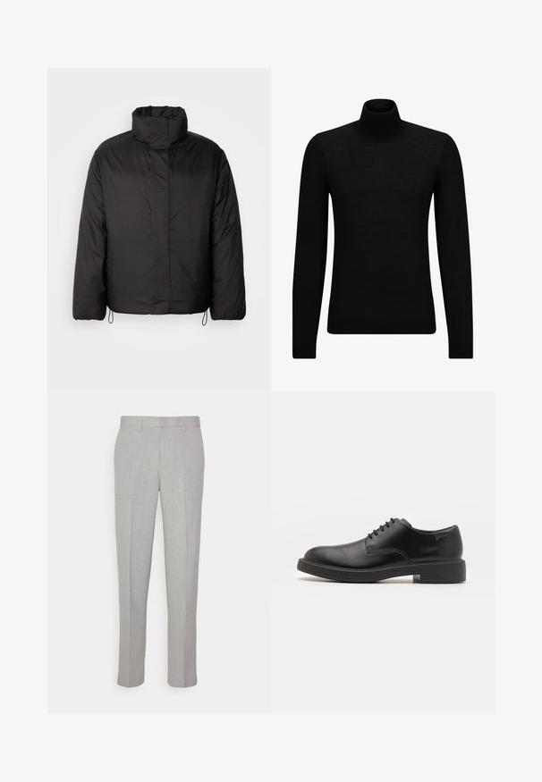 Must mustega jakk kõrge kraega, tõmblukk ees, pikad varrukad ja elastsed nöörid allääres. Siledast, kerge tekstuuriga.; Musthave muströid ja pehmest materjalist must turtleneck, millel on pikad varrukad ja tihe istuvus. Ribaga ääris allservas ja vöökohal. Lihtne disain.; Heledad hallid püksid sileda tekstuuriga, lame esiots ja sirged sääred. Valmistatud hingavast kangast, millel on sisepocketid ja vöölõngad.; Must beemel levalis kingad ümarate varvastega, sileda pinnaga, minimaalsete õmblustega ja madala kummist kontsaga. Logo kontsa peal.