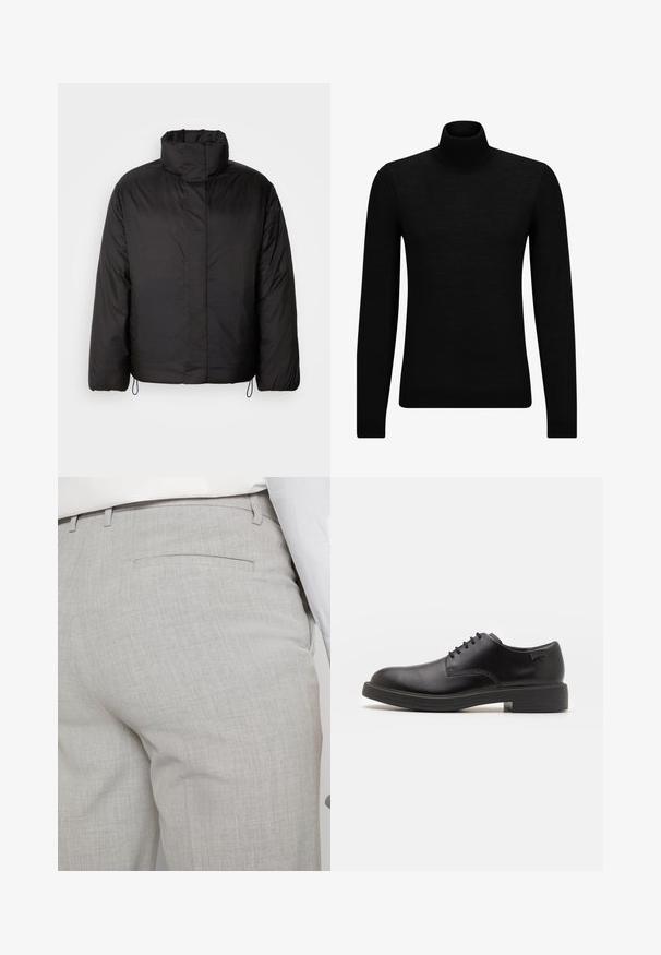 Juodas pūkinis švarkas su aukštu apykakle, užtrauktuku priekyje, ilgomis rankovėmis ir elastingais raišteliais hemėje. Lygus, lengvas tekstūras.; Juodas aukšto kaklo megztinis, pagamintas iš minkštos medžiagos, su ilgomis rankovėmis ir prigludusia forma. Su raukiniais apačioje ir rankogaliuose. Paprastas dizainas.; Šviesiai pilkos spalvos pritaikytos kelnės iš faktūrinės medžiagos, turinčios vieną užpakalinę kišenę ir tvarkingus siūlus.; Juodas odinis batų modelis su raišteliais, apvaliu nosiu, lygiu paviršiumi, minimaliai siuvinėjimu ir žemu guminėmis pakulne. Ant pakulnės šalia logo.