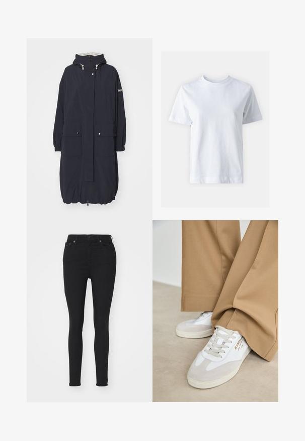 Barbour International VARONA SHOWERPROOF - Vízálló dzseki - black; Fehér pamut póló kerek nyakkal, rövid ujjal, egyenes szabással és sima textúrával. Nincsenek minták vagy díszítések.; Fekete, vékony fazonú farmernadrág öt zsebbel, gombos záródással és övcsíptetőkkel, síkban elhelyezve, fehér háttéren.; Fehér sportcipők velúr részletekkel, texturált fűzővel és gumitalppal. Laza barackszínű nadrággal párosítva. A logó az oldalon látható.