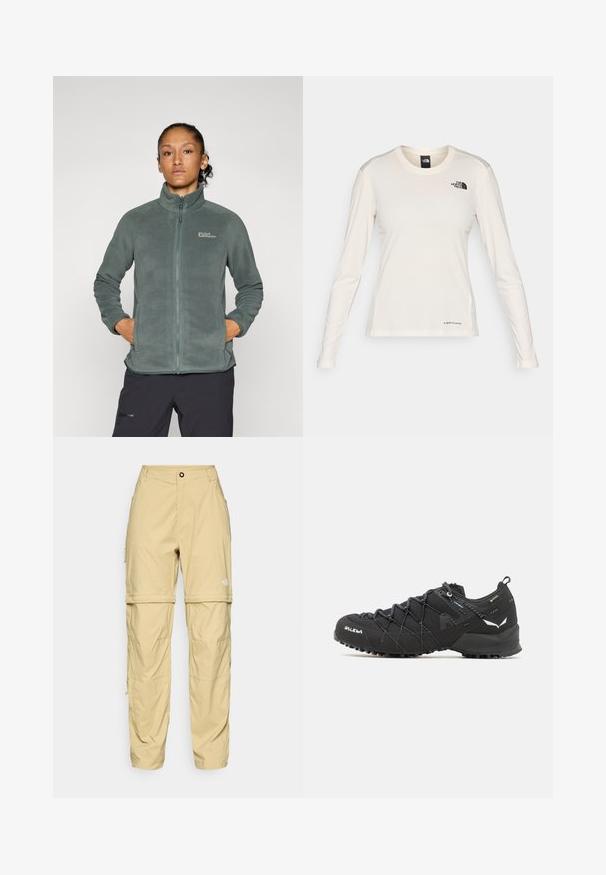 Lichtgewicht, gestructureerde groene fleecejack met een hoge kraag en ritssluiting. Voorzien van zijzakken en een logo op de bovenste linkerborst.; The North Face SHADOW LONG SLEEVE - Longsleeve - white dune; Beige cargobroek van lichtgewicht stof, met ritsen aan de zijkanten, een knoopsluiting en een logo op de rechterdij.; Zwarte wandelschoenen met een bovenkant van textuurstof, een vetersysteem en een robuuste rubberen zool. Verfraaid met reflecterende details en logo's.