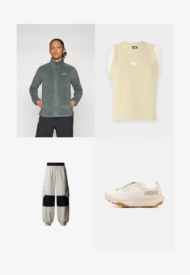 Giacca in fleece verde leggero e texturizzato con colletto alto e chiusura a zip. Presenta tasche laterali e un logo sulla parte superiore sinistra del petto.; Top senza maniche in cotone giallo pastello con scollatura rotonda. Presenta pannelli nella parte delle spalle in crema a contrasto e un logo testurizzato sul petto.; The North Face HIMALAYAN - Pantaloni cargo - white dune tnf black; HOKA TRANSPORT - Scarpa da hiking - eggnog