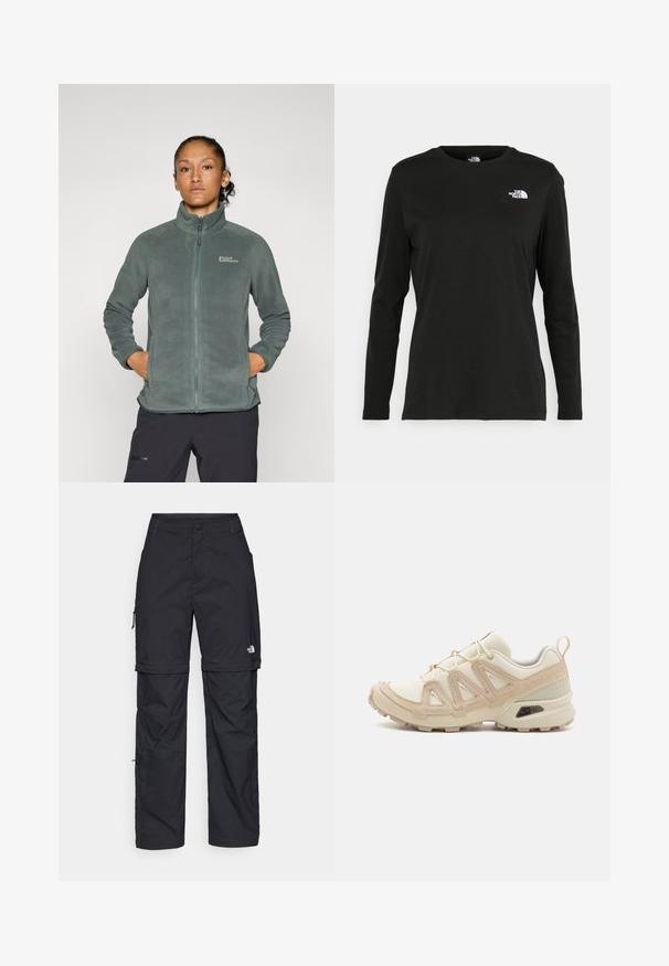 Kerge, tekstureeritud rohelisest fliisist jakk kõrge krae ja lukuga. Omab küljetaskuid ja logo vasakul ülaservas.; Must mustahiheline T-särk, millel on pikad varrukad, valmistatud puuvillast ja ümarast kaelusest. Vasakul rinnal on väike valge logo. Lihtne disain ja sobivus.; Mustad nailonist valmistatud eemaldatavad cargo-püksid, reguleeritavate pahkluudega, mitmete taskutega ja paremal jalal logoga. Sile, kerge tekstuur.; Beež ja koobalti spordijalats tekstureeritud võrkkattega, toetavad ülemised kihid ja kummist tallaga, millel on mustriga joonistus haardeks.
