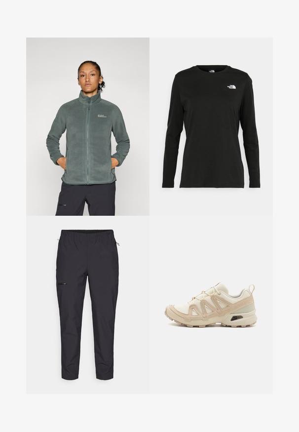 Lettvekts, strukturert grønn fleecejakke med høy krage og glidelås. Har sidelommer og en logo på øverste venstre bryst.; Svart langermet T-skjorte laget av bomull med rund hals. Har en liten hvit logo på venstre brystområde. Enkelt design og passform.; Jack Wolfskin PRELIGHT TRAIL - Friluftsbukser - black; Beige og krem joggesko med teksturert mesh-overdel, støttende overlegg og gummisåle med et mønster for godt grep.