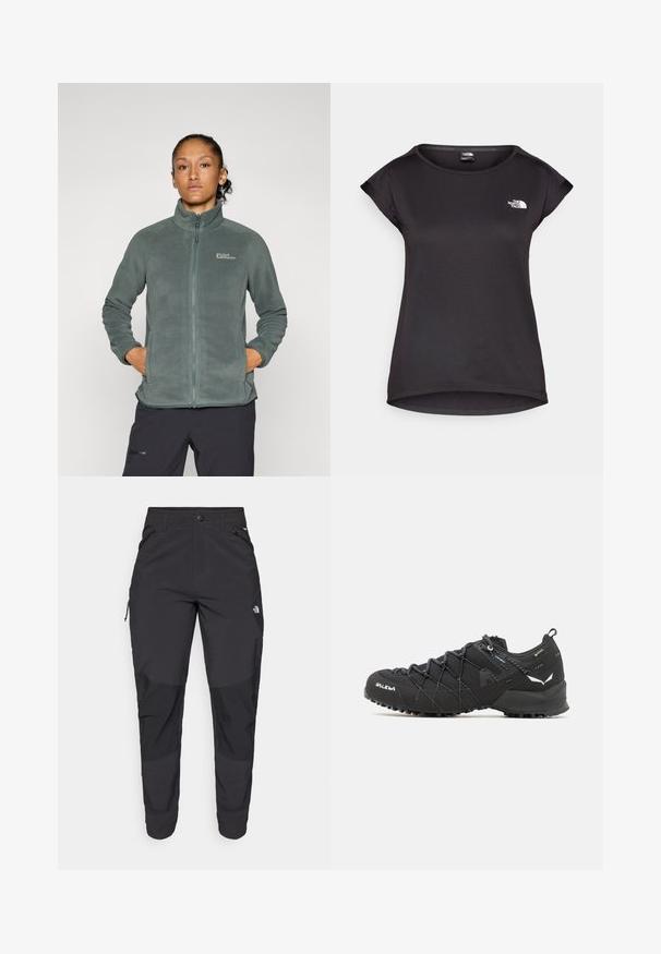 Lettvekts, strukturert grønn fleecejakke med høy krage og glidelås. Har sidelommer og en logo på øverste venstre bryst.; The North Face TANKEN TANK - T-skjorte til trening - black; Svart utendørsbukser laget av slitesterkt stoff. Har glidelåslommer, forsterkede knær og en rett skjæring for bevegelighet.; Sorte tursko med teksturert stoffoverdel, snøresystem og røff gummisåle. Utsmykket med reflekterende detaljer og logoer.