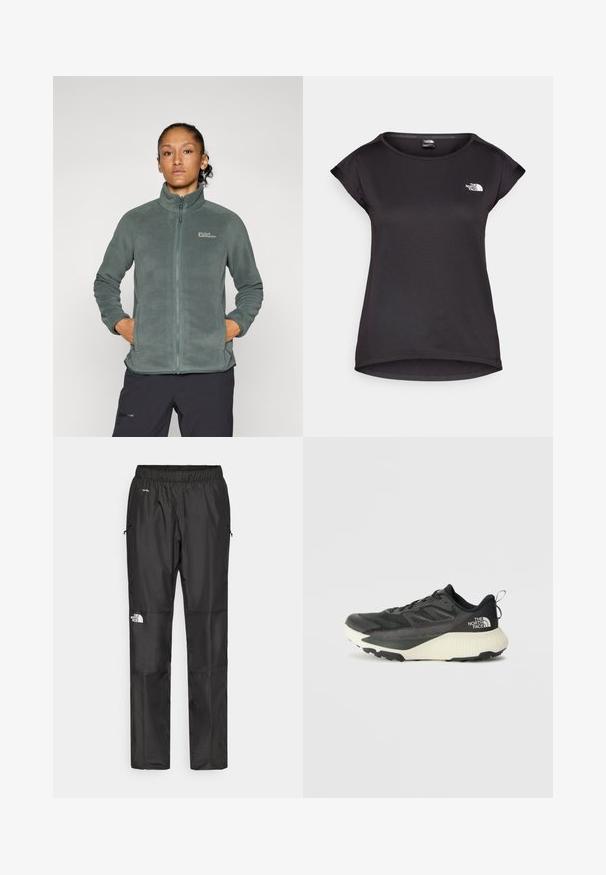 Giacca in fleece verde leggero e texturizzato con colletto alto e chiusura a zip. Presenta tasche laterali e un logo sulla parte superiore sinistra del petto.; The North Face TANKEN TANK - T-Shirt sport - black; Pantaloni impermeabili neri realizzati in tessuto leggero, dotati di cintura elastica, tasche laterali e un logo sulla gamba sinistra.; Scarpa da ginnastica nera con tomaia testurizzata, con accenti grigi e un sottopiede bianco. Include una linguetta sul retro e un logo del marchio ben visibile sul tallone.