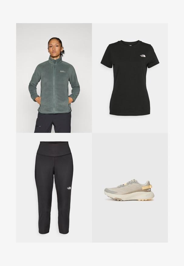 Viegls, strukturēts zaļš flīsa jaciņa ar augstu apkakli un rāvējslēdzēju. Iekļauj sānu kabatas un logotipu augšējā kreisajā krūšu daļā.; Melnas kokvilnas T-krekls ar apaļu kakla izgriezumu un īsām piedurknēm. Ievērojams balts logo kreisajā augšējā pusē. Gluda tekstūra, brīvā piegriezumā.; Melnas kapri legingu bikses, kas izgatavotas no elastīga auduma, ar augstu jostasvietu un mazu baltu logo kreisajā pusē. Gluda tekstūra.; Gaiši bežs skriešanas apavi ar teksturētu sieta virsu, pelēkiem akcentiem, izturīgu gumijas zoli un aizmugurējo cilpu, kas atvieglo uzvilkšanu.