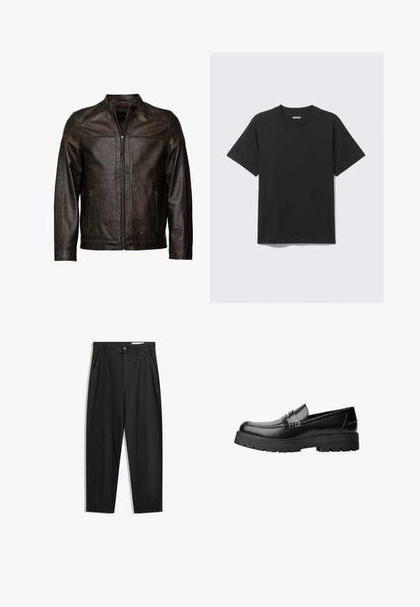 JCC Lederjacke - brown; Schwarzes T-Shirt mit kurzen Ärmeln aus weicher Baumwolle, mit rundem Ausschnitt und einfachem Design ohne Muster oder Akzente.; Schwarze Baumwollhose mit lockerem Schnitt, ausgestattet mit einem klassischen Bund, vorderen Falten und Seiten taschen. Glatte Textur ohne Muster.; Schwarzer Lederloafer mit grobem, rutschfestem Sohlenprofil und dekorativem Riemen über der Oberseite, seitlich links auf weißem Hintergrund abgebildet.