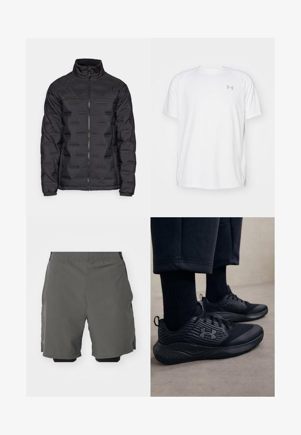 Mustapuffer-takki, jossa on korkea kaulus, täysipitkä vetoketju, teksturoidut vaakaviivat ja joustavat hihnat. Suunniteltu lämpöä ja mukavuutta varten.; Valkoinen lyhythihainen urheilupaita, joka on valmistettu sileästä kankaasta. Paidassa on pyöreä kaula-aukko ja harmaa logo vasemmassa rinnassa, sekä sivuhalkiot helmassa.; Harmaat urheilushortsit, joissa on sileä ja kevyt kangas, joustava vyötärö ja sisäiset kompressioprihmat sekä sivutaskut.; Henkilö, joka käyttää mustia urheilukenkiä, joissa on teksturoitu sivu ja logo, yhdistettynä mustiin sukkiin ja lyhyisiin housuihin vaalealla lattialla.