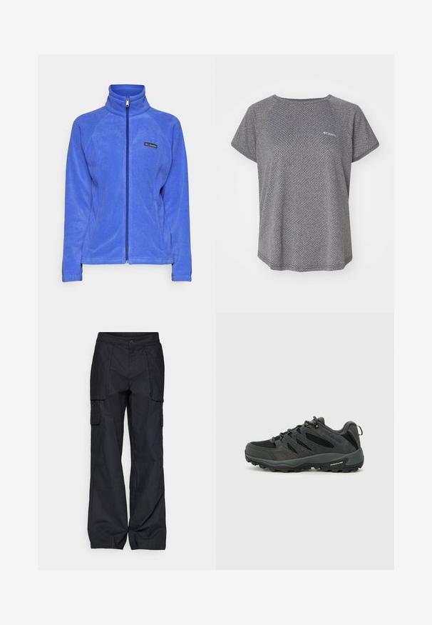 Columbia BENTON SPRINGS™ FULL ZIP - Jakna od flisa - clematis blue; Siva majica kratkih rukava koja sadrži suptilan teksturirani uzorak, okrugli izrez i Columbia logotip na prsima. Mekani materijal, opušteni kroj.; Columbia BREA FALLS™ COTTON RIPSTOP PANT - Hlače za otvoreno - black; Columbia REDMOND - Obuća za pješačenje - black/citron haze