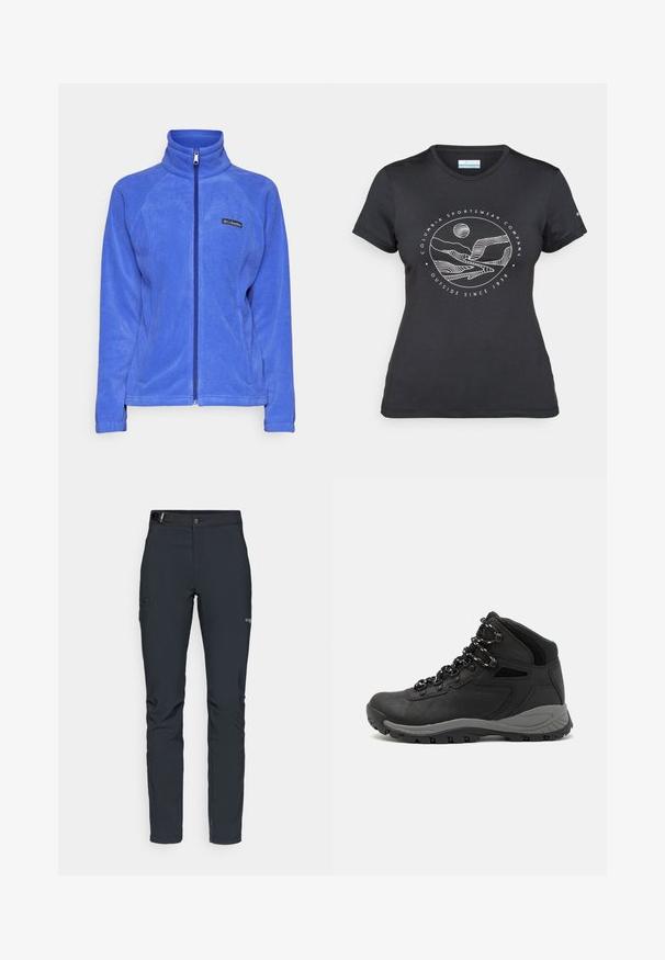 Columbia BENTON SPRINGS™ FULL ZIP - Jakna iz flisa - clematis blue; Črna majica Columbia z belim krožnim risanjem gora in reke ter napisom "Columbia Sportswear Company Outside Since 1938."; Moške zunanje hlače, temno siva, izdelane iz fleksibilnega materiala, z pasom, žepom na zadrgo in ojačanim šivanjem.; Črne pohodniške čevlje z srednje visokim dizajnom, ki imajo teksturirano zgornji del, sivi dodatki in vzdržljiv gumen podplat s protizdrsnimi izboklinami.