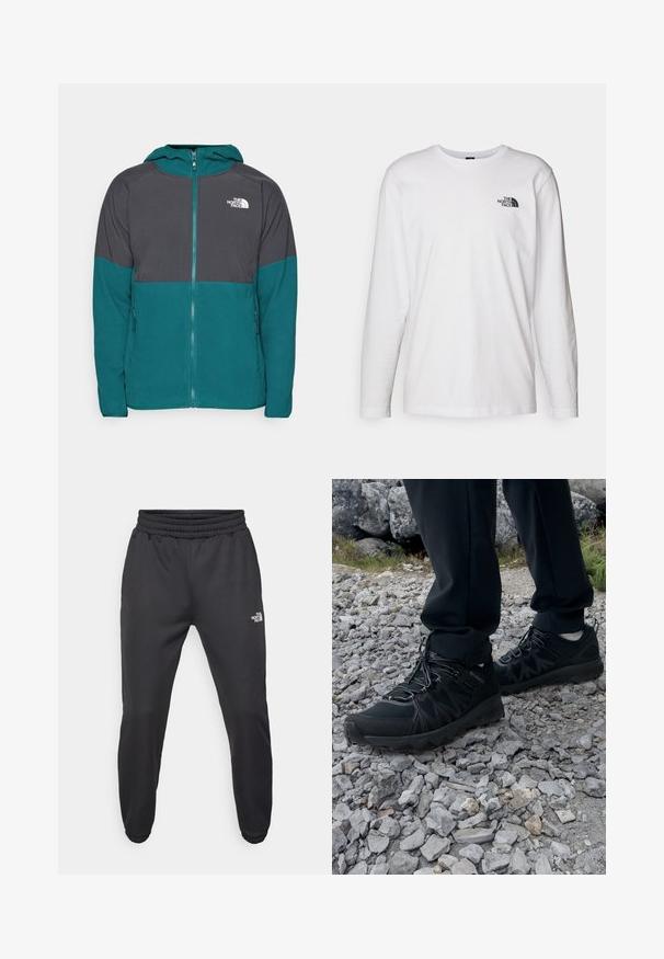 Zeleno-modrá a tmavě šedá mikina na zip s kapucí, vyrobená z fleecového materiálu. Obsahuje boční kapsy a bílé logo na levé části hrudi.; Bílý dlouhý rukáv tričko vyrobené z bavlny s kulatým výstřihem. Na hrudi se nachází malé černé logo. Hladká textura, běžný střih.; Černé tepláky s nastavitelným pasem, zúženým střihem, elastickými manžetami a malým bílým logem na levém stehně, vyrobené z hladké tkaniny.; Černé venkovní boty z prodyšného a syntetického materiálu, s texturovaným svrškem, bezpečným šněrovacím systémem a robustní podrážkou, na skalnatém terénu.