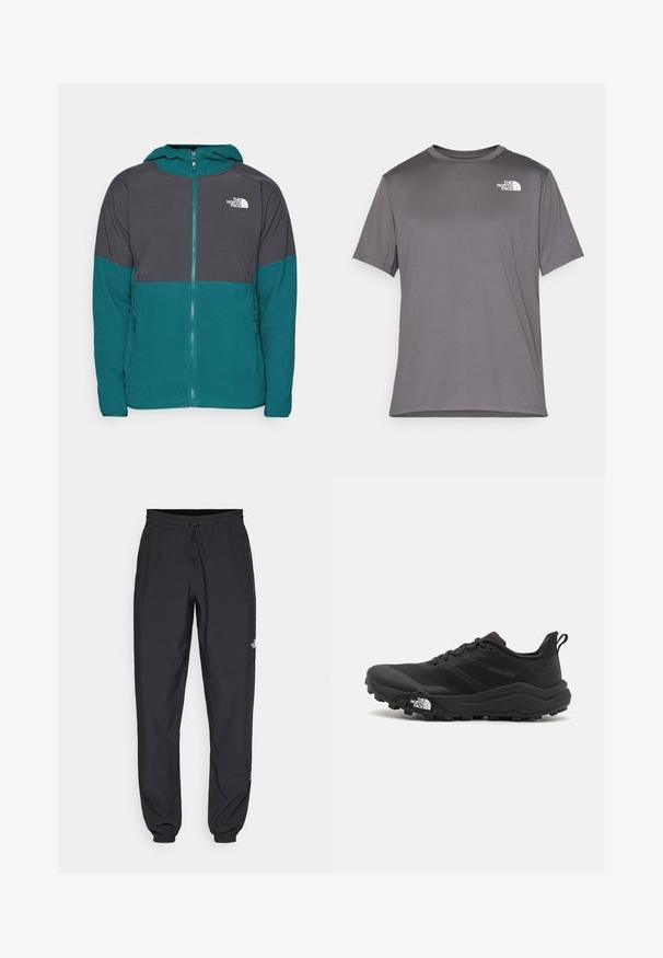 Teal ja tumehall kraejope kapuutsiga, mis on valmistatud fliiskangast. Omab küljetaskuid ja valget logo vasakul rinnakorvil.; Hallid lühikeste varrukatega spordipusa, mis on valmistatud siledast ja kergest kangast. Esiküljel vasakul rinnal on valge logo. Ümmargune kaelaauk.; Mustavad sportlikud püksid, mis on valmistatud kergest kangast, joonlauaga taljest, küljetaskudega ja kitsenevate varrukatega pahkluude juures.; Must tume jooksujalats musta värvi, tekstuurse ülemise osaga, kummist tallaga ja tugevdatud varbaga. Omab pehmendusega krae ja tõmblinti mugavaks selga panemiseks.